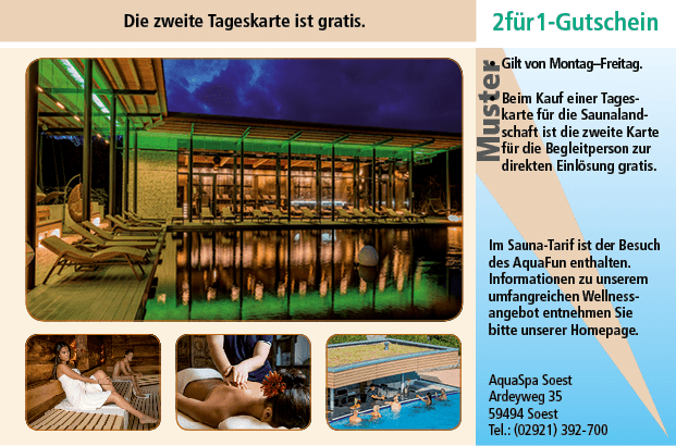 2 für 1 Gutschein-Ruhrgebiet-AquaSpa-Soest